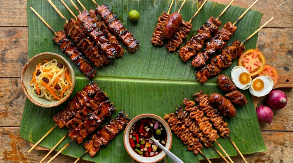 Filipino ihaw-ihaw feast on banana leaf—pork barbecue, isaw, longganisa, atchara, and sawsawan