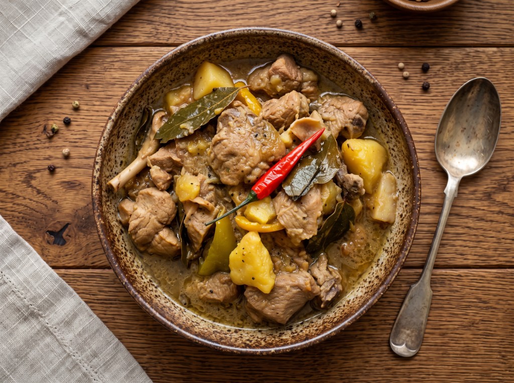 Adobo sa gata in a rustic speckled bowl: creamy coconut-adobo sauce with meat, potato cubes, bay leaves, bell pepper, and a whole red chili, vintage spoon on wood