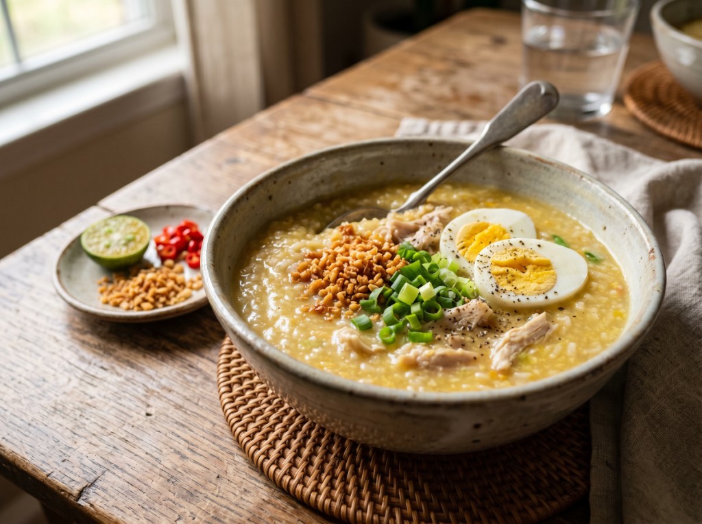 Bowl of golden Filipino arroz caldo topped with toasted garlic, green onion, hard-boiled egg, and black pepper, with calamansi and chilies on the side