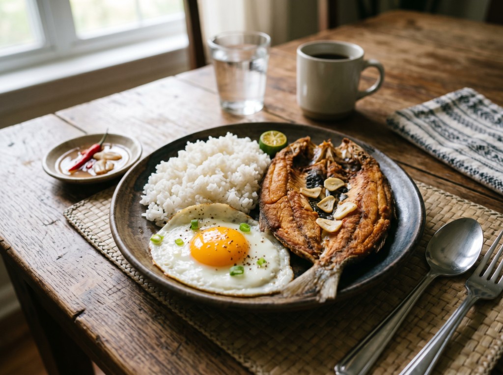 Filipino bangsilog with fried boneless bangus, toasted garlic, steamed white rice, sunny-side-up egg, and vinegar sawsawan