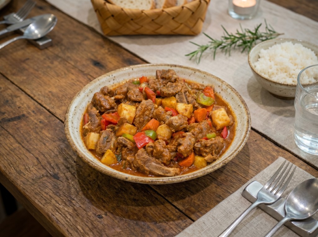 Beef caldereta with bone-in beef chunks, potato, carrot, red and green bell pepper in thick reddish-brown sauce served with steamed rice