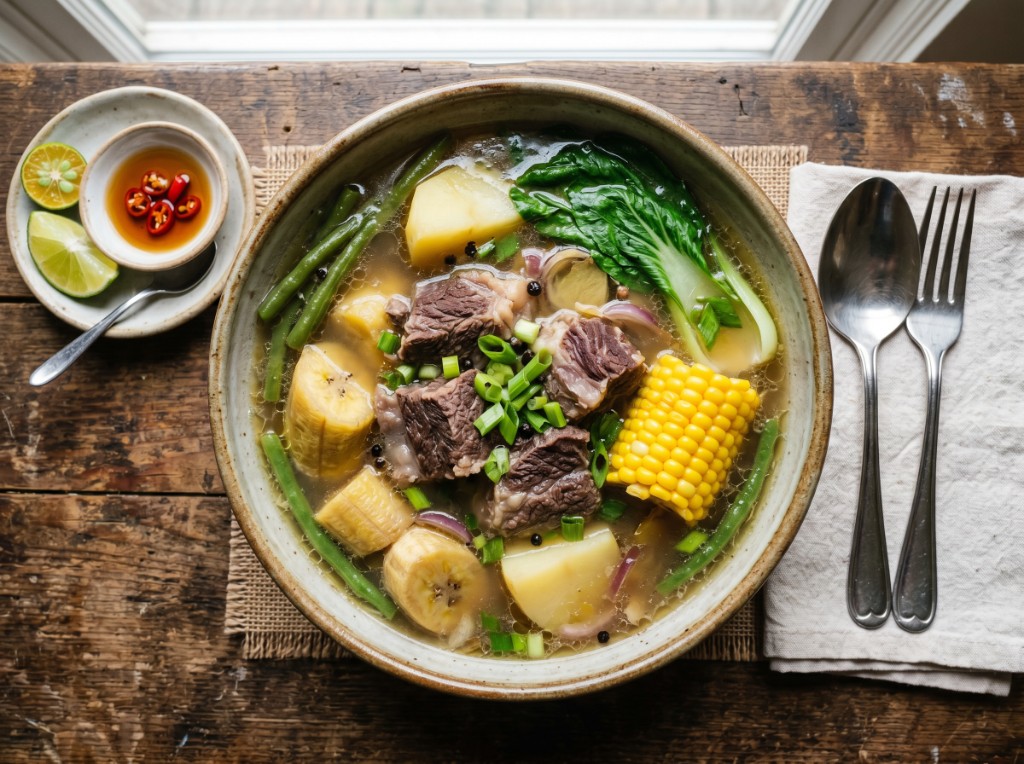 Filipino beef nilaga with brisket, saba, corn, and pechay