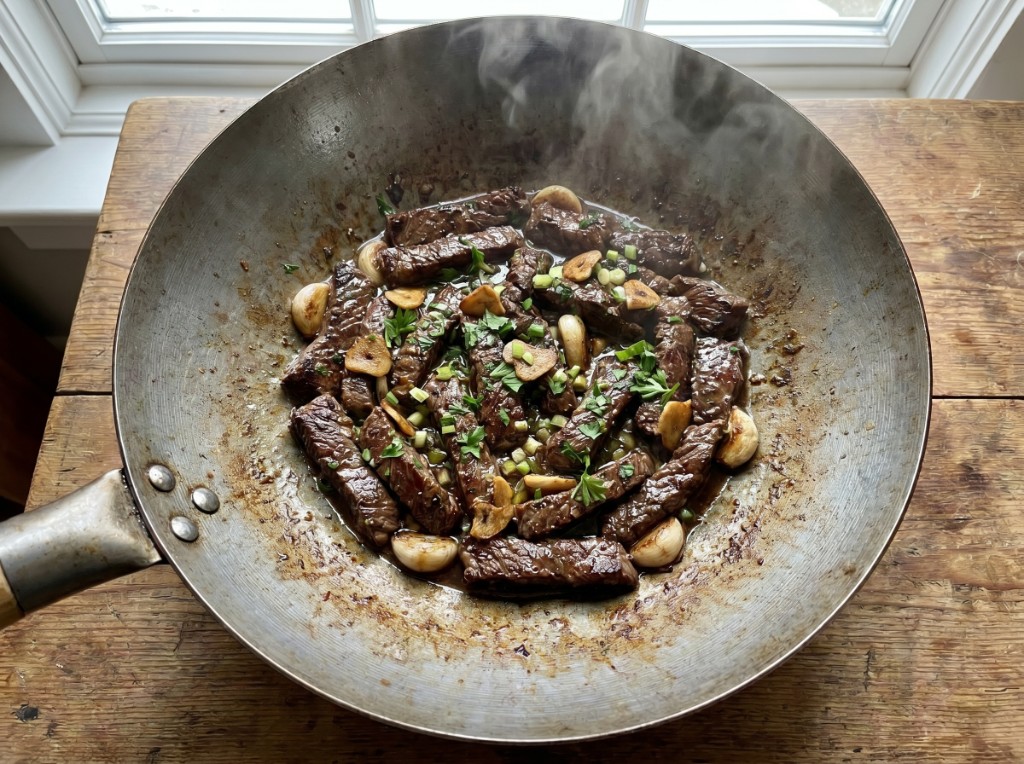Beef salpicao in a wok with thick seared beef strips, whole garlic cloves, toasted garlic chips, parsley, and green onions