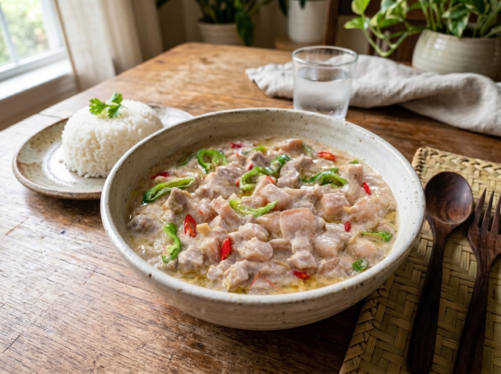 Bowl of Filipino Bicol express with pork belly, creamy coconut milk, siling haba, and siling labuyo, served with steamed white rice