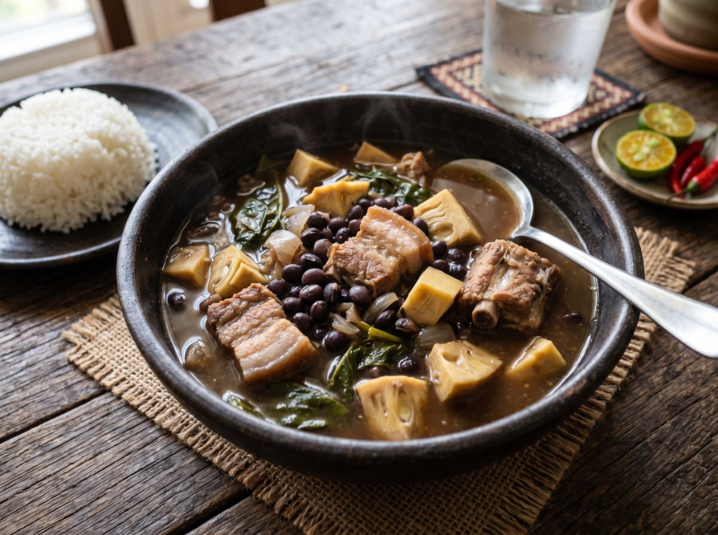 Cansi in a clay bowl: beef shank chunks and pale green unripe jackfruit in a clear sour batwan broth with lemongrass and green onions