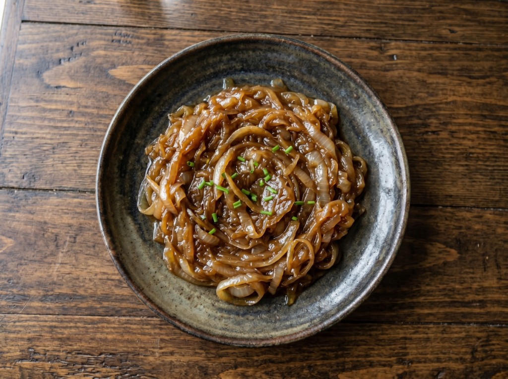 Bowl of deep mahogany slow-caramelized onions with a glossy jammy glaze and fresh chives on top