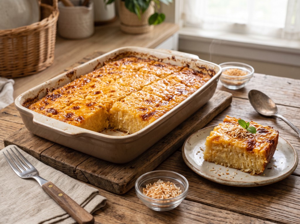 Cassava cake in a beige baking dish on a wooden board: golden caramelized custard topping sliced into squares, one slice plated showing creamy grated cassava inside, toasted coconut and mint on the side
