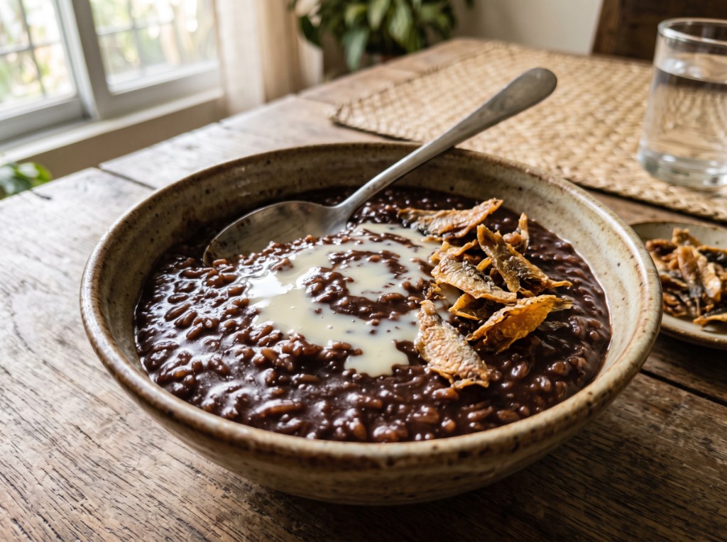 Bowl of champorado: glossy dark chocolate glutinous rice porridge with a swirl of condensed milk, crispy fried tuyo on the side, and a spoon in a rustic ceramic bowl
