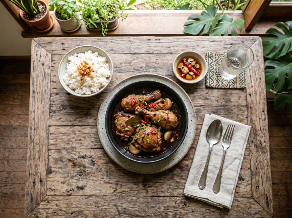 Chicken adobo in a dark bowl with glossy sauce, garlic rice, sawsawan with chili, and steamed rice on a rustic wooden table