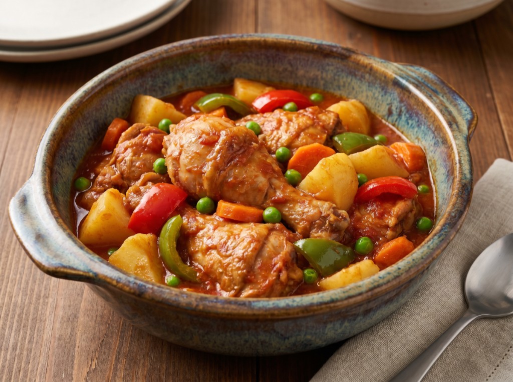 Chicken afritada with drumsticks, potato, carrot, red and green bell pepper, and green peas in thick tomato sauce