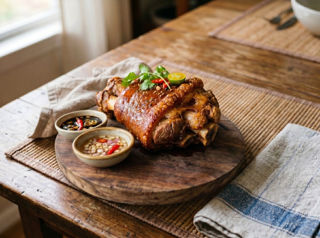 Crispy pata on a wooden board with golden crackling skin, calamansi, cilantro, and bowls of soy-vinegar sawsawan