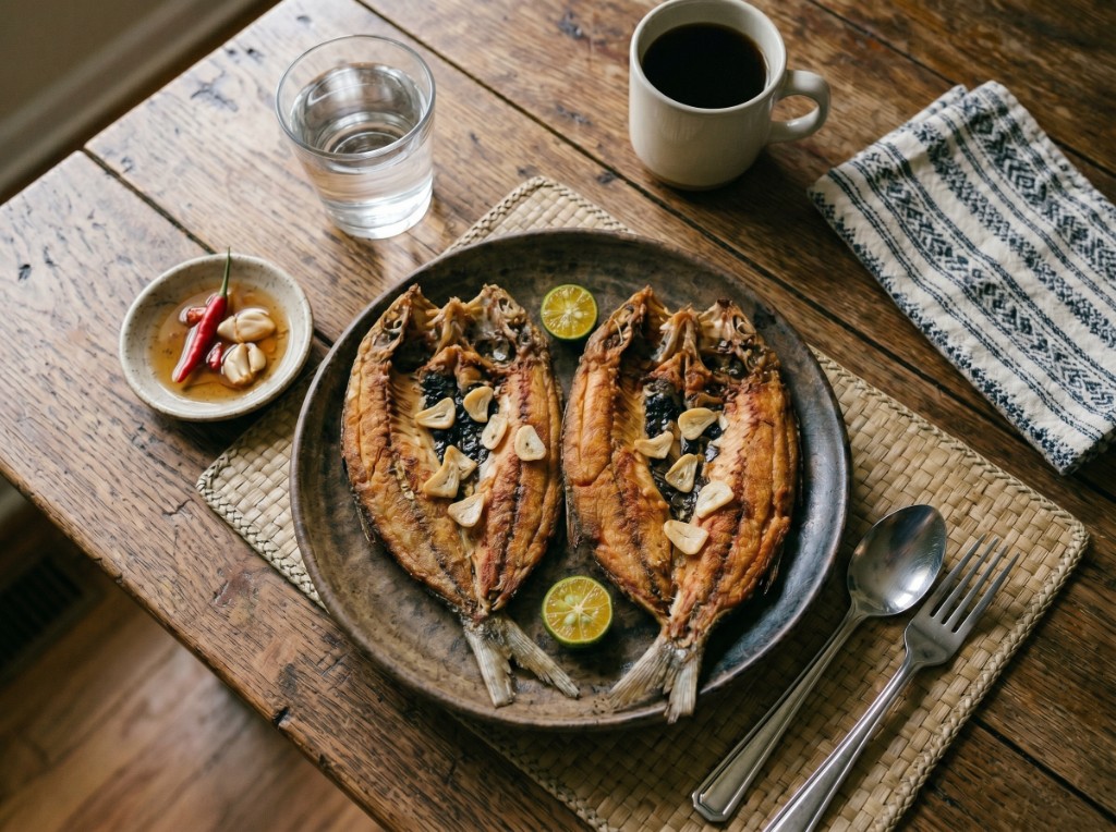 Fried boneless daing na bangus with toasted garlic chips and calamansi, served with vinegar-chili sawsawan