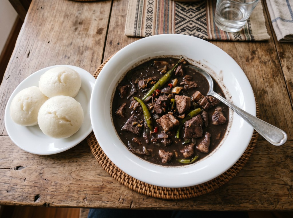 Filipino dinuguan with siling haba served with puto