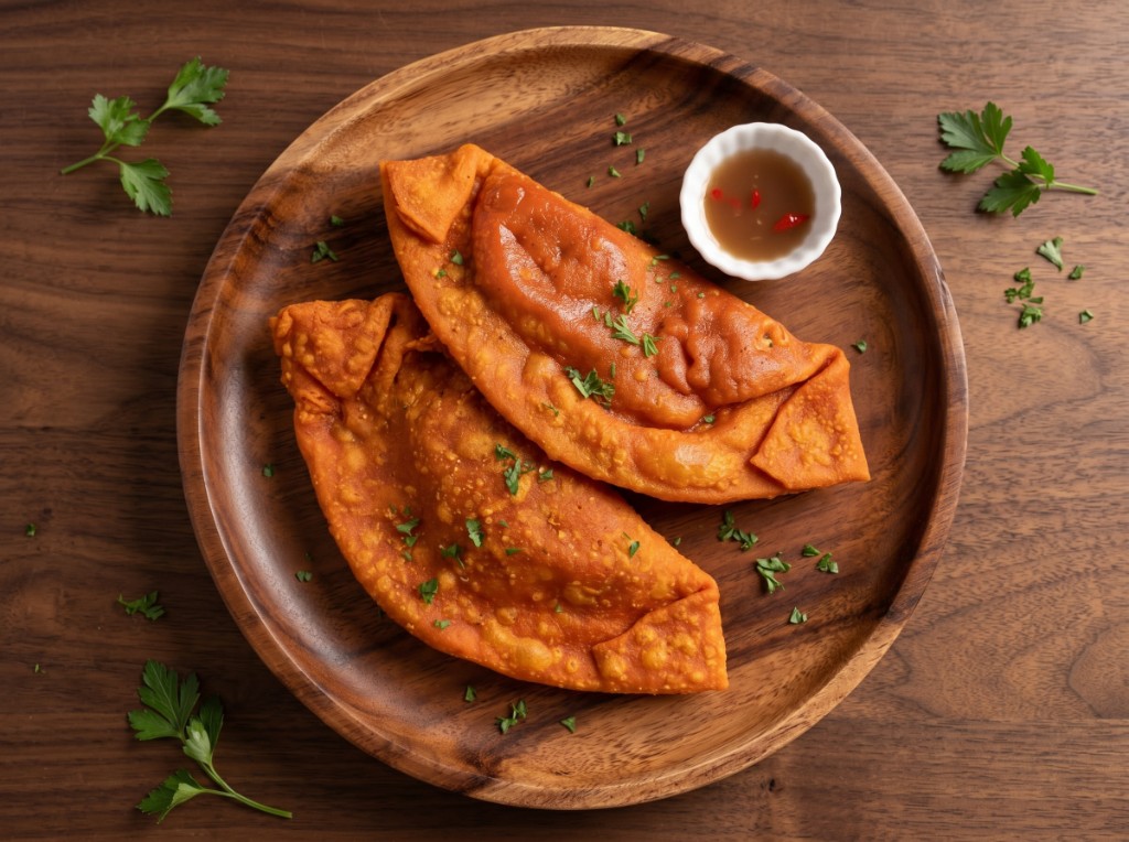 Two deep orange Ilocos empanadas with crispy bubbled crust on a wooden plate, garnished with parsley, with a ramekin of spiced vinegar and chili on the side