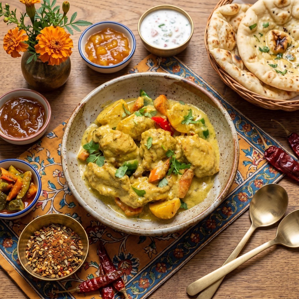 Bowl of Filipino chicken curry with potato, carrot, and bell pepper in yellow coconut sauce, garnished with cilantro