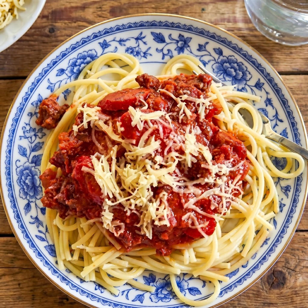 Filipino spaghetti on a blue floral plate: pale noodles topped with thick chunky red meat sauce with hotdog slices and a mound of shredded quick-melt cheese, fork on a rustic wooden table