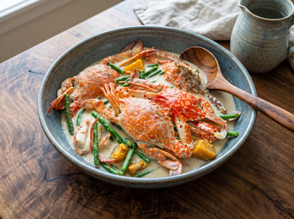 Ginataang alimango in a wide ceramic bowl: three whole orange crabs in thick creamy coconut milk with green sitaw and yellow kalabasa chunks on dark wood