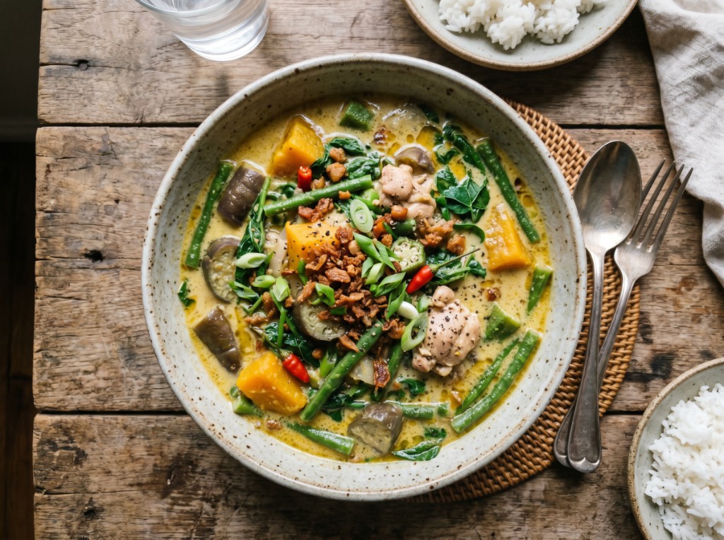 Filipino ginataang gulay with chicken, kalabasa, and coconut milk