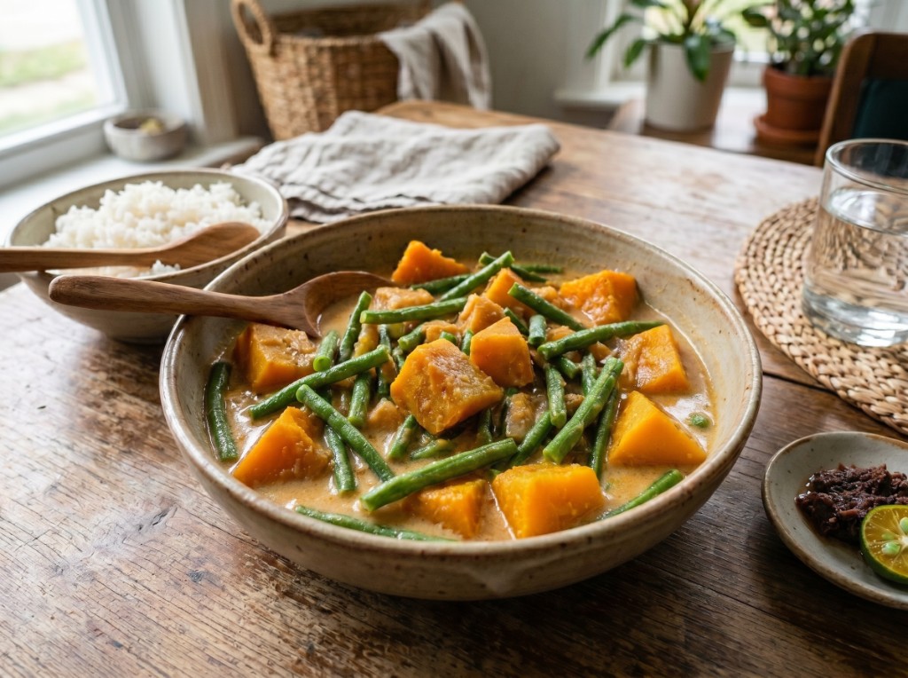 Ginataang kalabasa at sitaw in a speckled bowl: large orange squash cubes and long green sitaw in thick creamy coconut sauce; steamed rice, bagoong, and calamansi half on the side