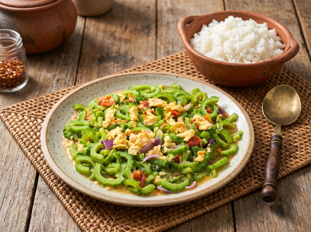 Ginisang ampalaya on a speckled plate: bright green ampalaya half-moons, large fluffy egg curds, red onion and tomato, light savory sauce; steamed rice and chili flakes on the side