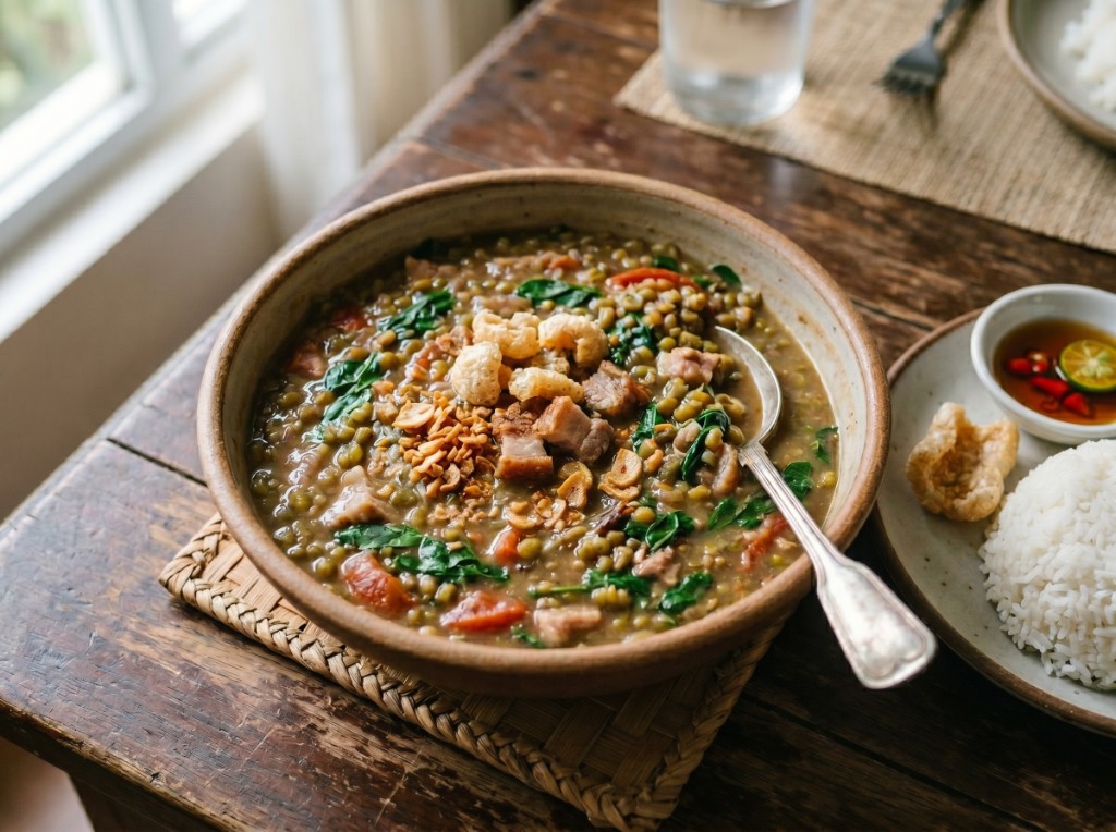 Bowl of thick Filipino ginisang munggo topped with crispy pork belly, chicharon, toasted garlic, and malunggay, served with rice and patis sawsawan