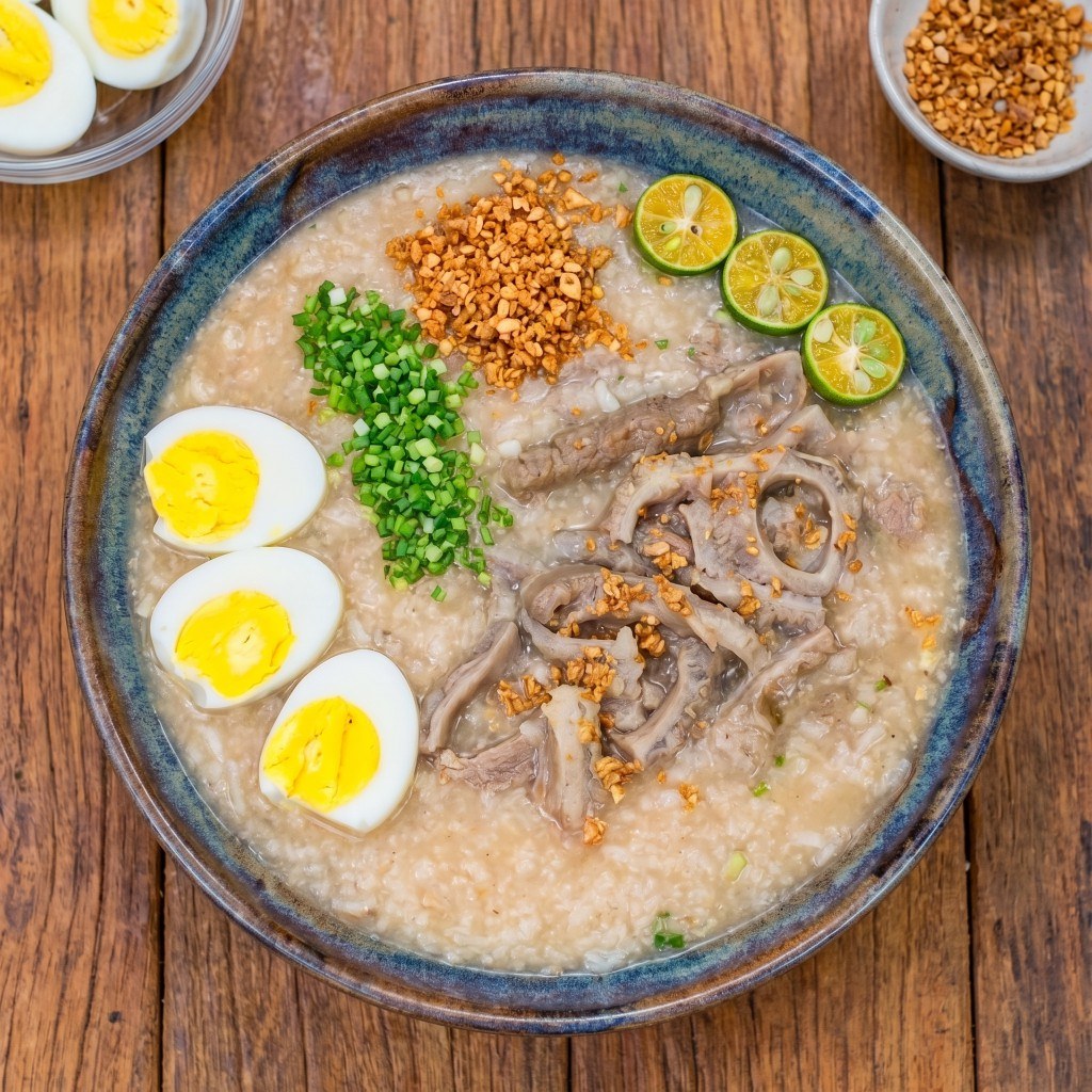 Bowl of Filipino goto rice porridge with ox tripe, toasted garlic, green onion, hard-boiled egg, and calamansi