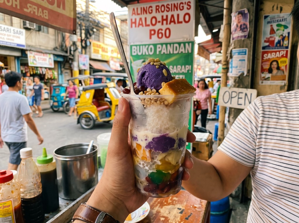 Street-style Filipino halo-halo in a tall cup with ube ice cream, leche flan, pinipig, and colorful toppings
