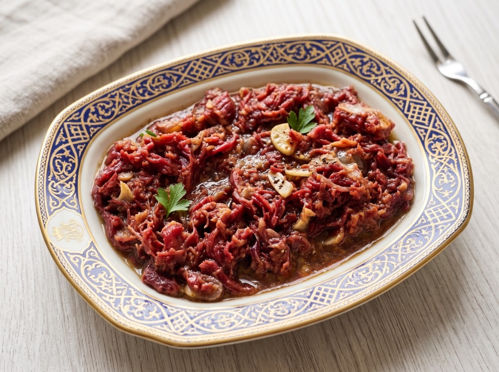 Shredded homemade corned beef on an ornate blue-and-gold plate, glistening reddish strands with sautéed garlic slices and parsley sprigs