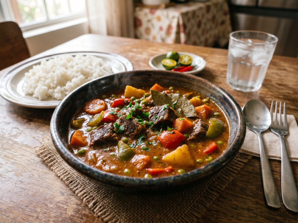Kalderetang Batangas in a rustic ceramic bowl on a wooden table: large tender beef chunks in thick reddish-brown sauce with potato, carrot, green peas, red and green bell pepper, a bay leaf, and fresh chopped parsley; steamed rice, calamansi halves, and siling labuyo on the side