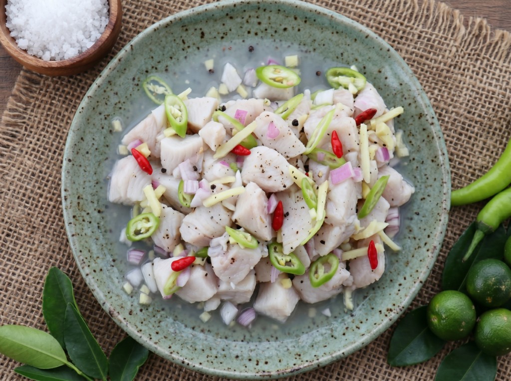 Filipino kinilaw with cubed fish, ginger, onion, and chili