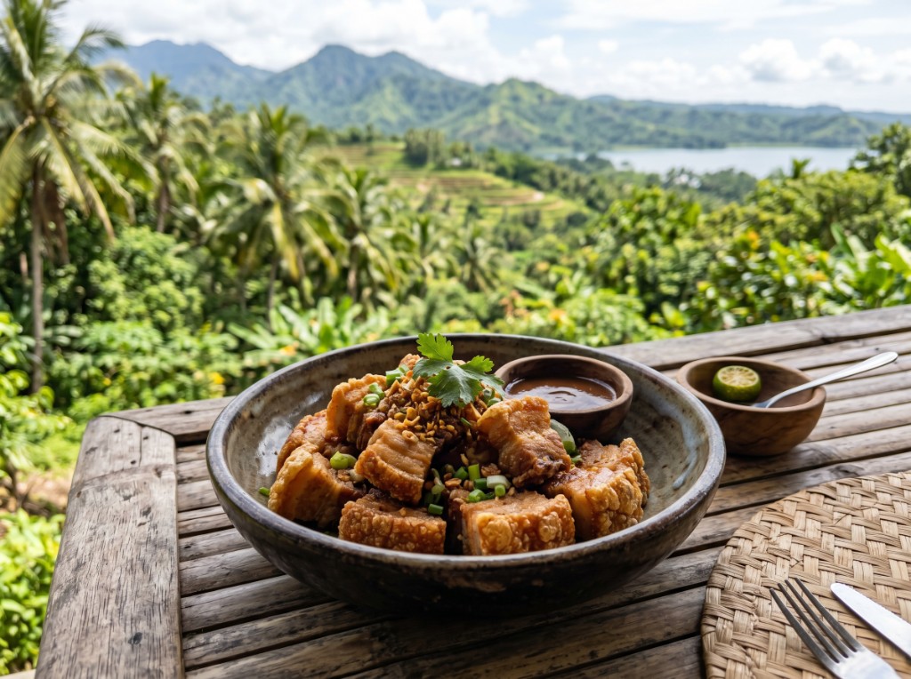 Lechon kawali crispy pork belly cubes with garlic and green onions in a bowl, lechon sauce and calamansi on the side