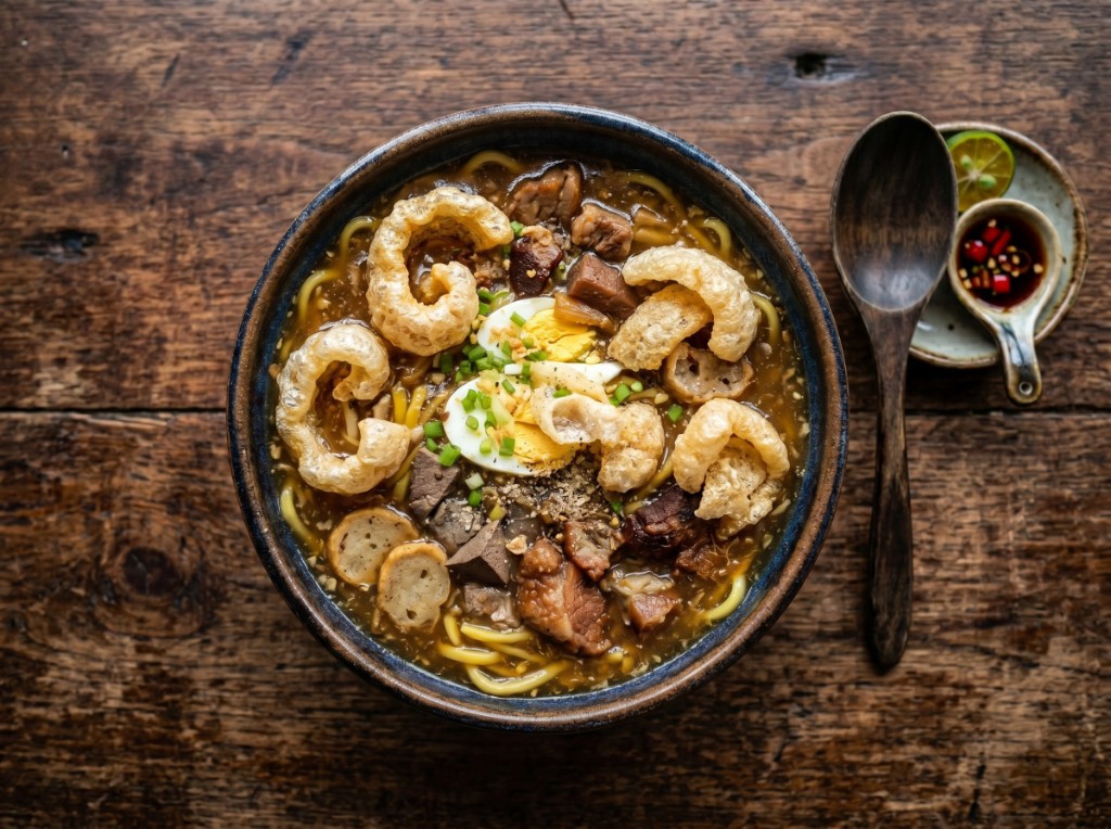 Lomi in a dark ceramic bowl on a wooden table: thick yellow miki in dark brown gravy-like broth with braised pork, liver, kikiam slices, halved hard-boiled egg, large chicharon curls, green onions, fried garlic, and pepper; calamansi-chili soy sauce on the side