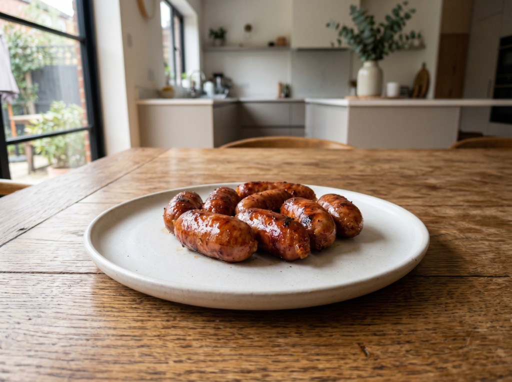 Homemade Filipino longganisa links, caramelized on a plate