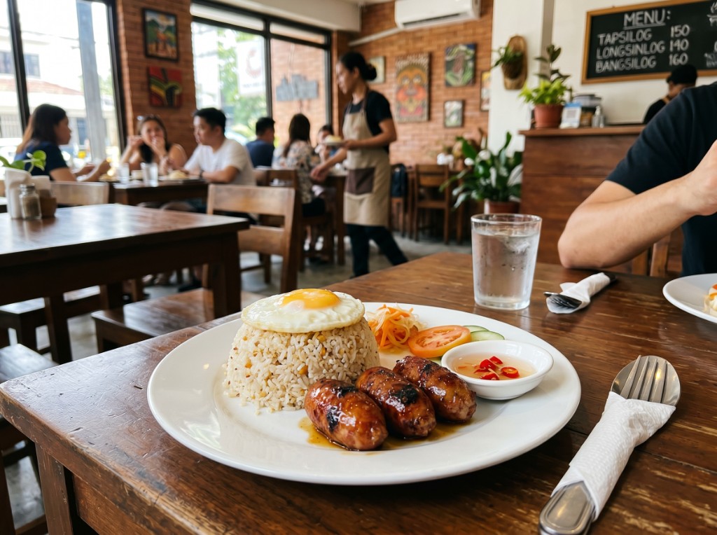 Longsilog plate with garlic fried rice, sunny-side egg, and longganisa sausages