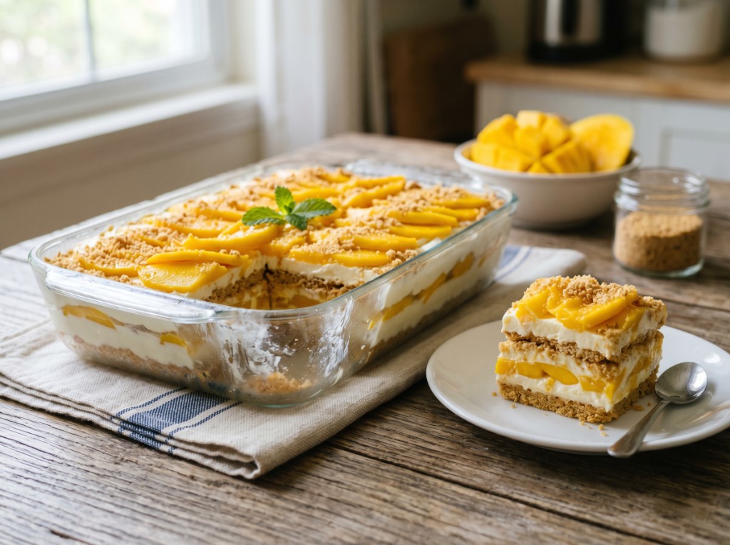 Mango float in a glass dish on a wooden table: layered graham crackers, cream, and ripe mango slices on top with graham crumbs and mint; a square slice on a white plate beside it