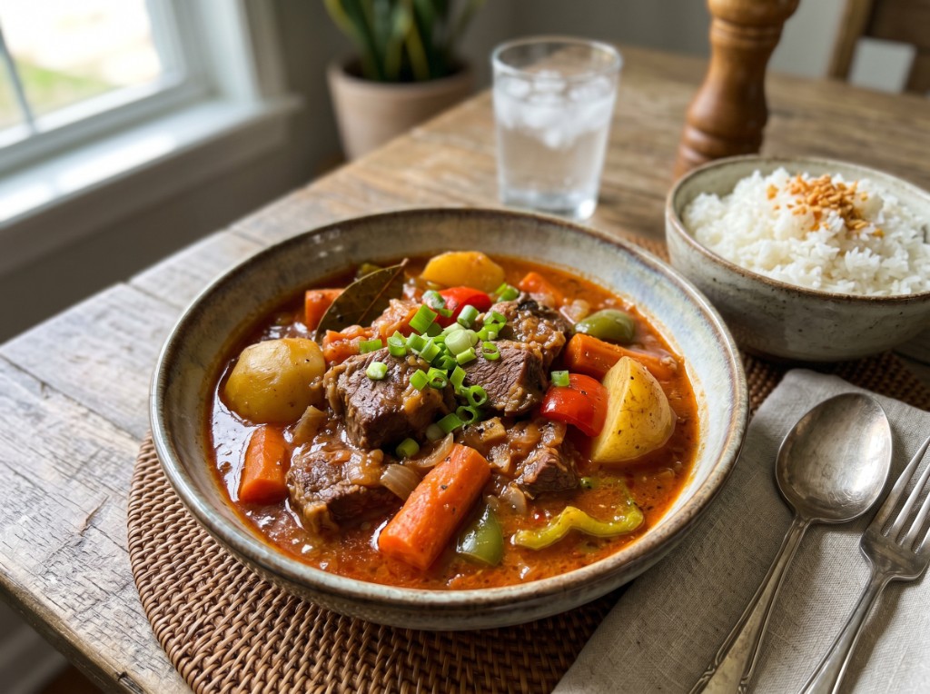 Mechado in an earthy ceramic bowl on a wooden table: large tender beef chunks in thick reddish-orange sauce with potato, carrot, red and green bell pepper, visible bay leaf, and fresh chopped green onions on top; side bowl of rice with fried garlic