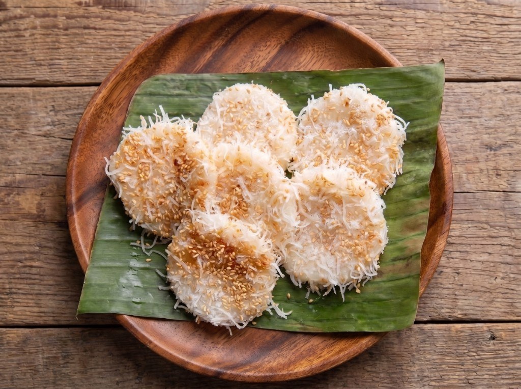 Plate of palitaw rice dumplings coated in grated coconut, sugar, and toasted sesame seeds