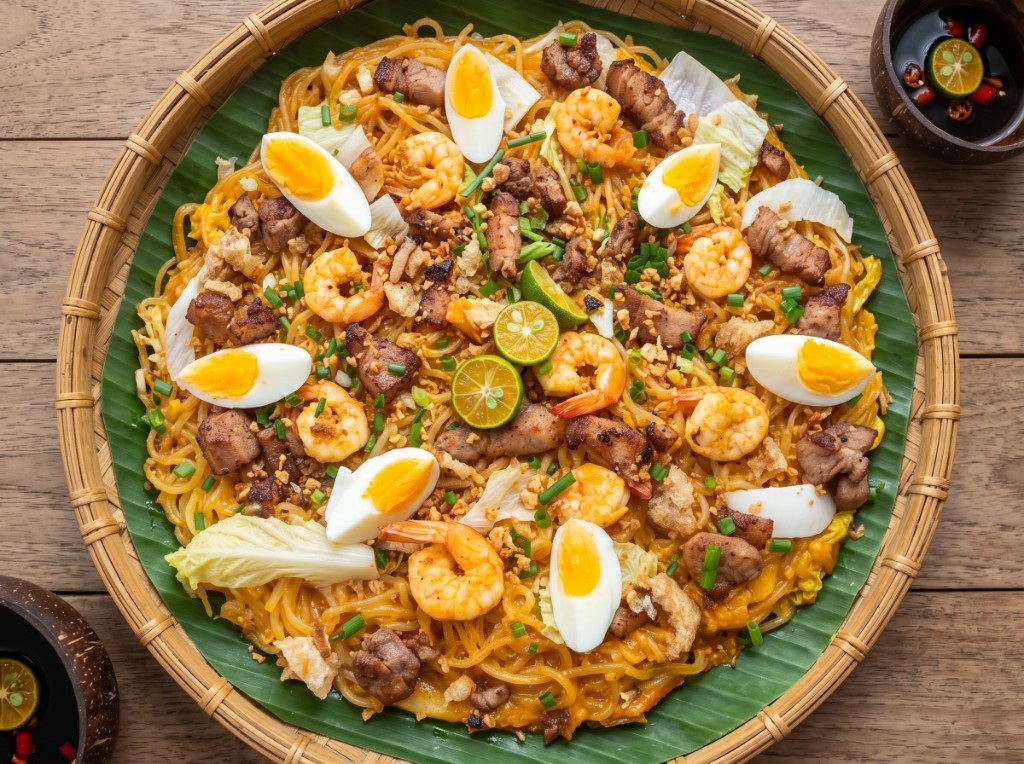 Pancit Malabon on a woven bilao lined with banana leaf: thick orange-coated noodles topped with shrimp, sliced hard-boiled eggs, crushed chicharon, fried garlic, pechay, and green onions, calamansi halves in the center, coconut-shell dipping bowls with siling labuyo on the side