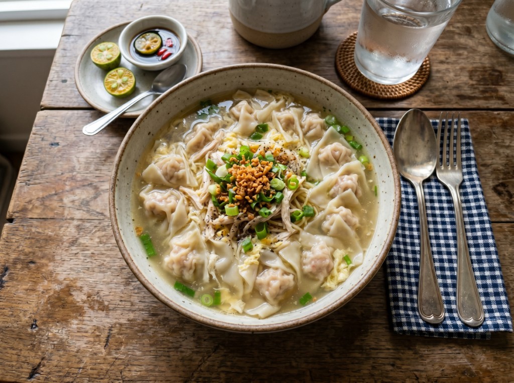 Pancit molo in a speckled ceramic bowl on a wooden table: clear broth with plump wontons, shredded chicken, egg wisps, fried garlic and green onions in the center; calamansi and patis sawsawan on the side