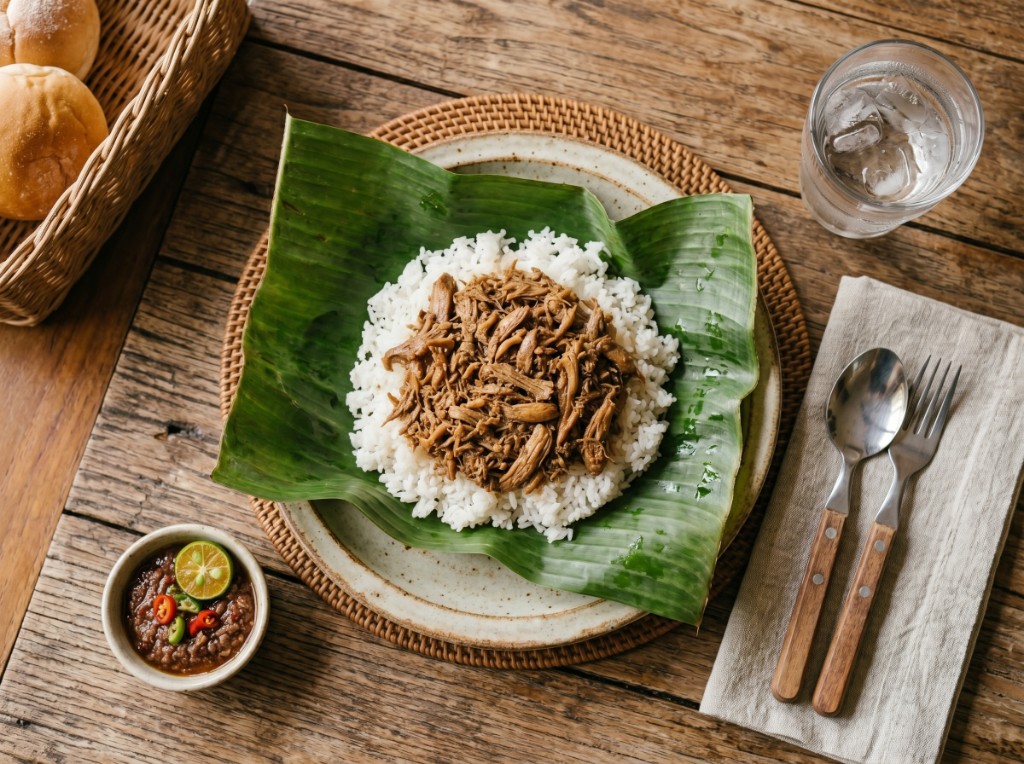 Chicken pastil on a banana leaf: mound of white steamed rice topped with dark brown shredded chicken kagikit, served with a bowl of spicy sauce with calamansi and chilies on a wooden table