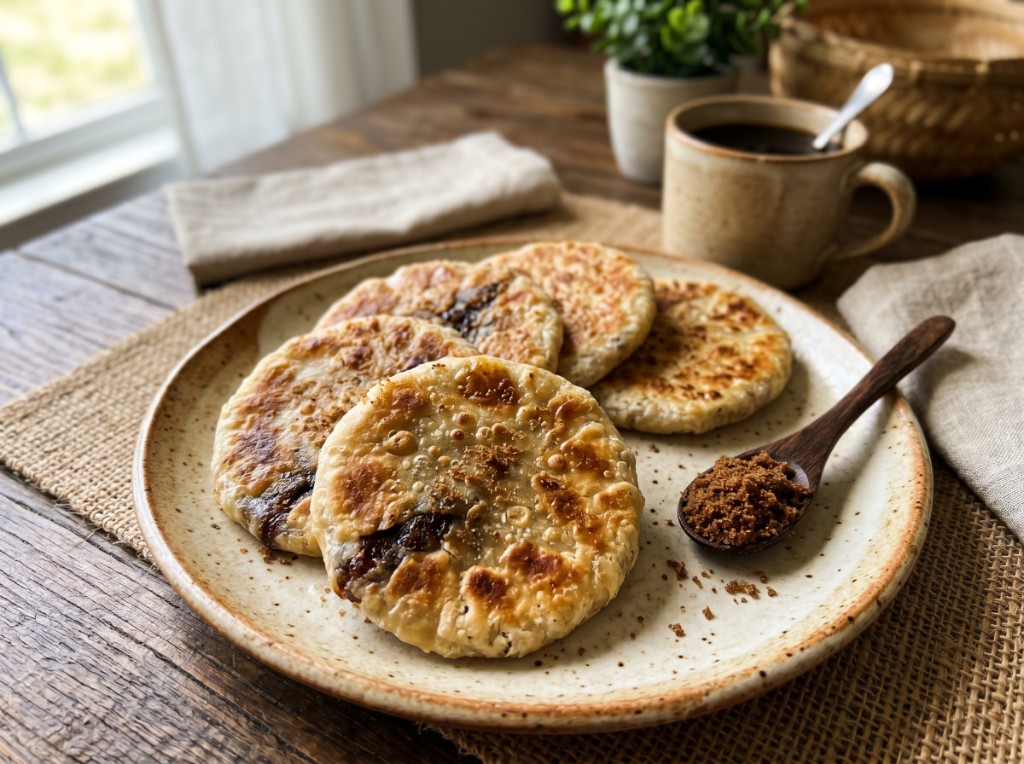 Four golden piaya on a speckled ceramic plate with a wooden spoon of dark muscovado sugar, beside black coffee on burlap and wood