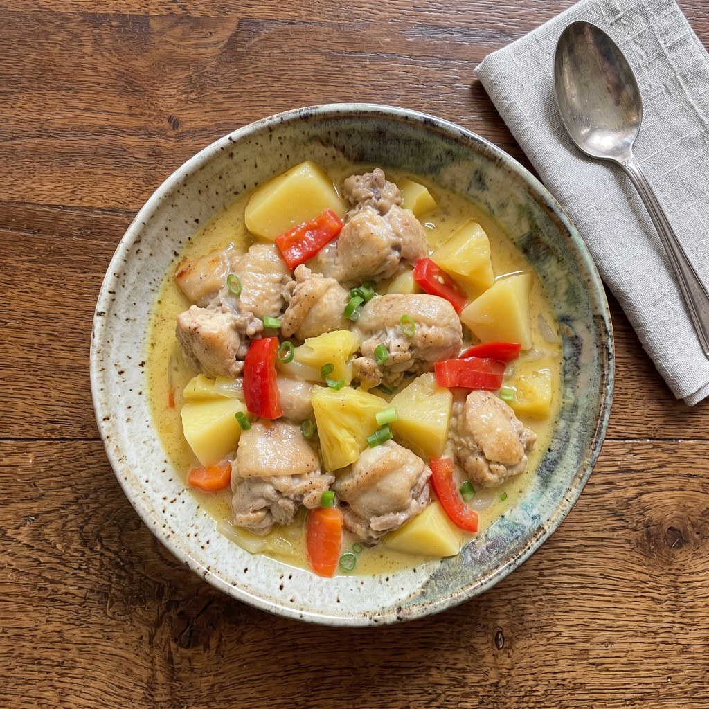 Bowl of pininyahang manok: chicken, pineapple, potato, and carrot in pale creamy sauce