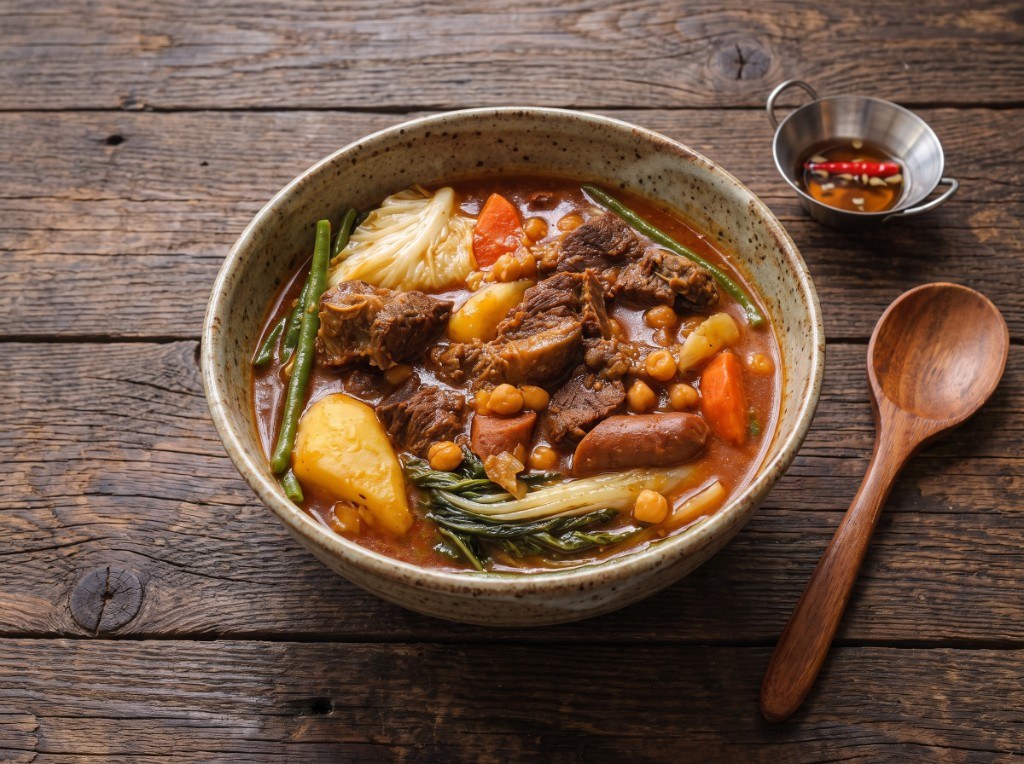 Bowl of Filipino pochero with beef, saba banana, potato, chickpeas, cabbage, and tomato broth