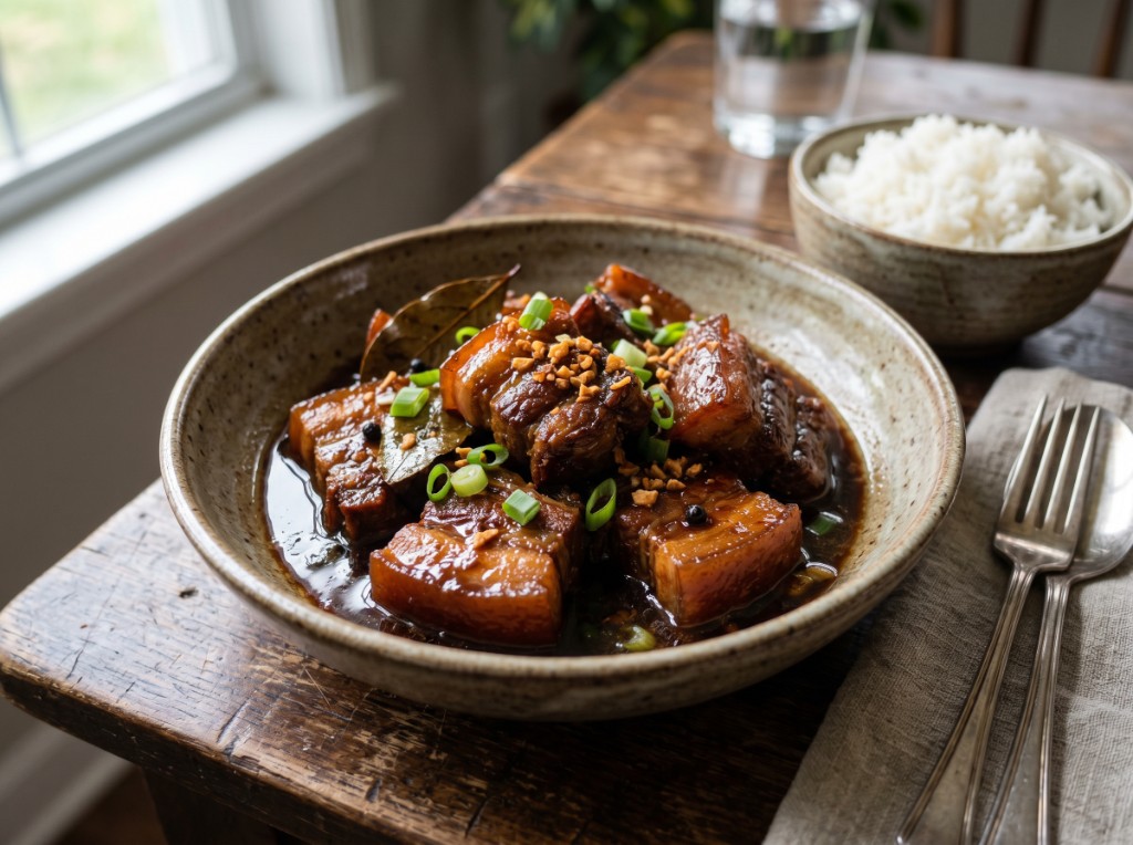 Filipino pork adobo with pork belly in dark glossy sauce, bay leaves, peppercorns, fried garlic, and green onion