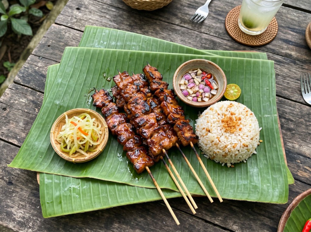 Filipino pork barbecue skewers on banana leaf with garlic rice and atchara