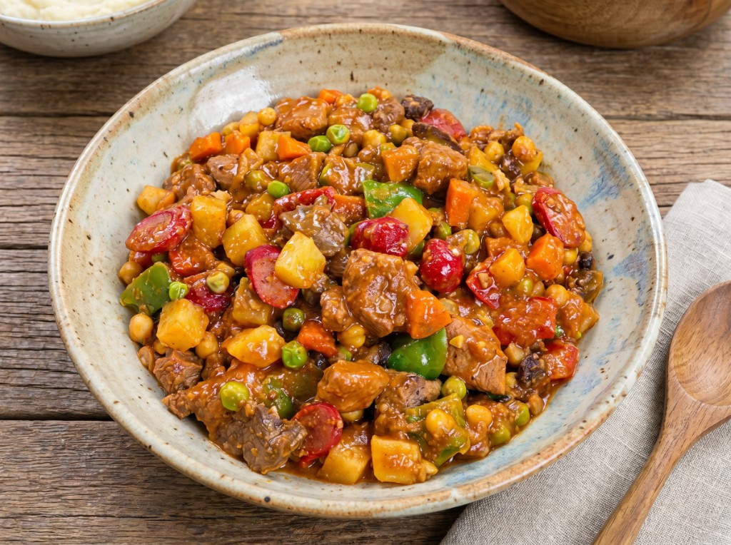 Classic Filipino pork menudo with hotdog, liver, potato, carrot, bell pepper, green peas, and raisins