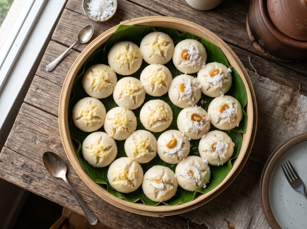 Filipino puto in bamboo steamer with cheese and salted egg toppings