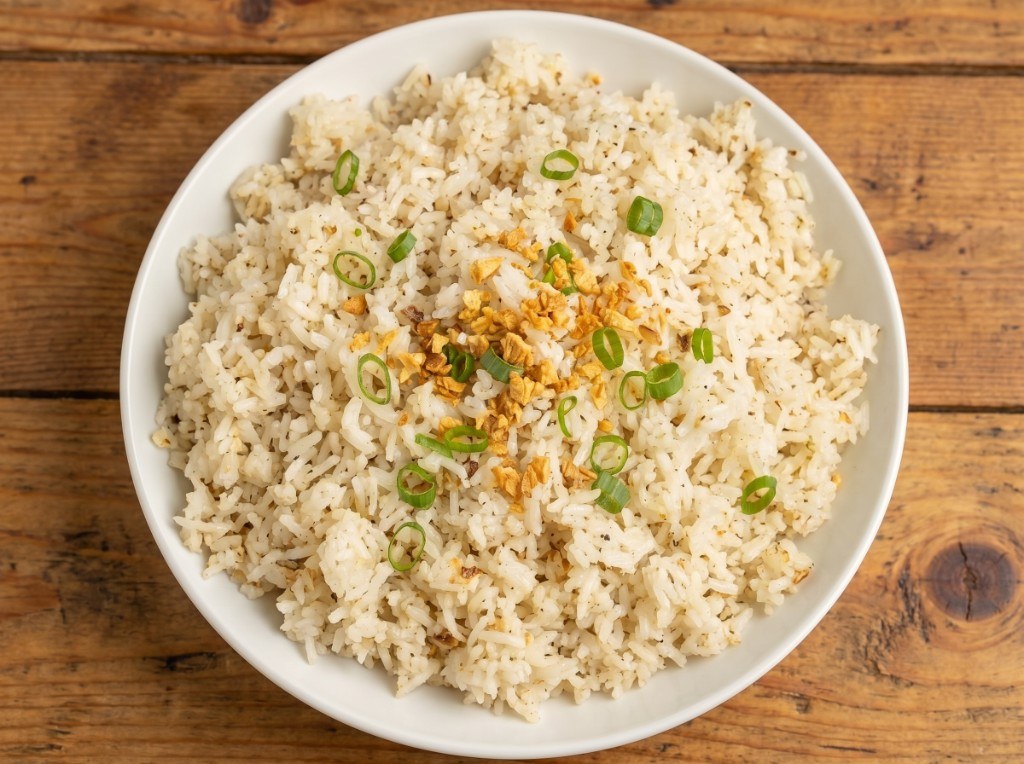Bowl of Filipino sinangag garlic fried rice topped with toasted garlic and sliced green onion