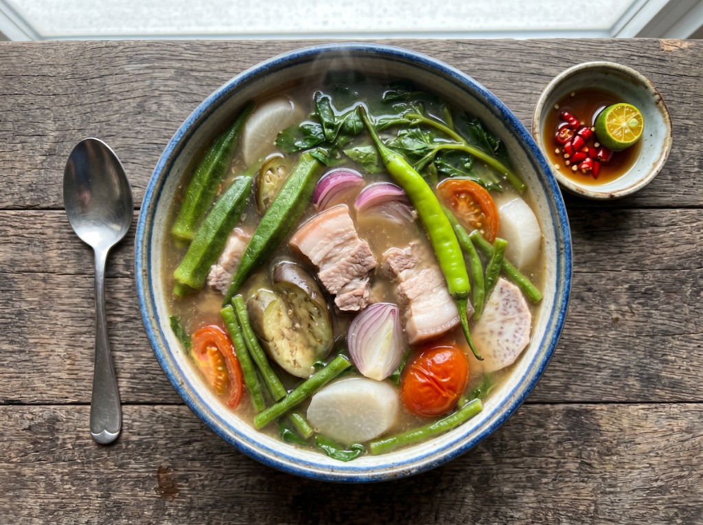 Sinigang na baboy in a blue-rimmed bowl with pork belly, gabi, tomatoes, sitaw, okra, talong, kangkong, and siling haba