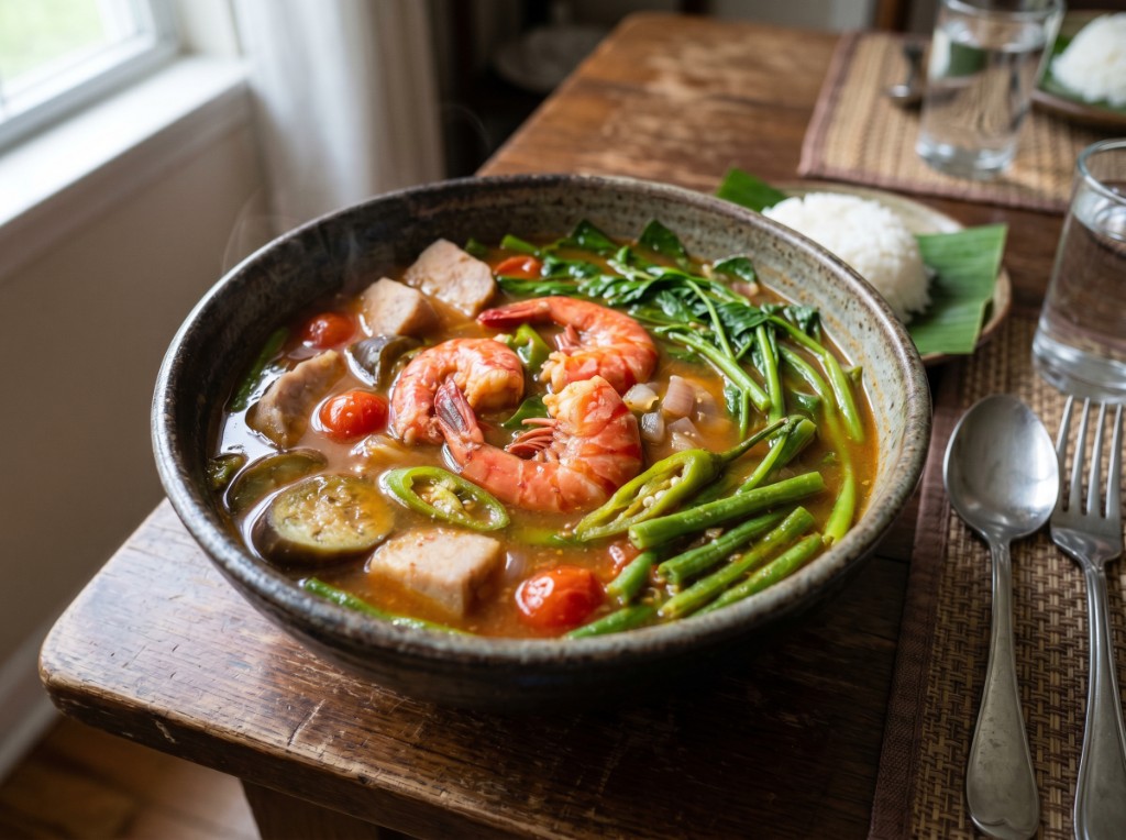 Steaming bowl of Filipino sinigang na hipon with head-on prawns, kangkong, sitaw, eggplant, gabi, tomato, and siling haba in tamarind broth